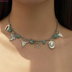 2PCS Western Turquoise Jewelry Set For Women, Retro Cow Head Pendant Necklace Matching Bracelet, Vintage Country Cowgirl Wearable Accessory Perfect For Daily Outfits & Western Holiday Party Looks