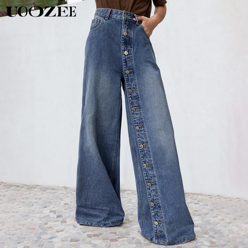 UOOZEE TikTok Exclusive Women's Casual Pocket Decorative Non-functional Buttons Wide Leg Loose Back Elastic Jeans High Waist Single Breasted Non-Elastic Regular Back Waist Comfortable Fit Outfits Womenswear Clothes Denim Bottom straight leg jeans Hip