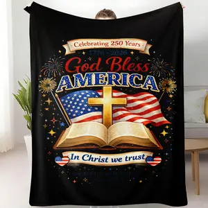 1PC God Bless America 250th Anniversary Flannel Blanket, Patriotic Christian Cross Bible Throw Blanket, Soft Cozy Lightweight for Bedroom Living Room, 1776-2026 Independence Day Wall Decor