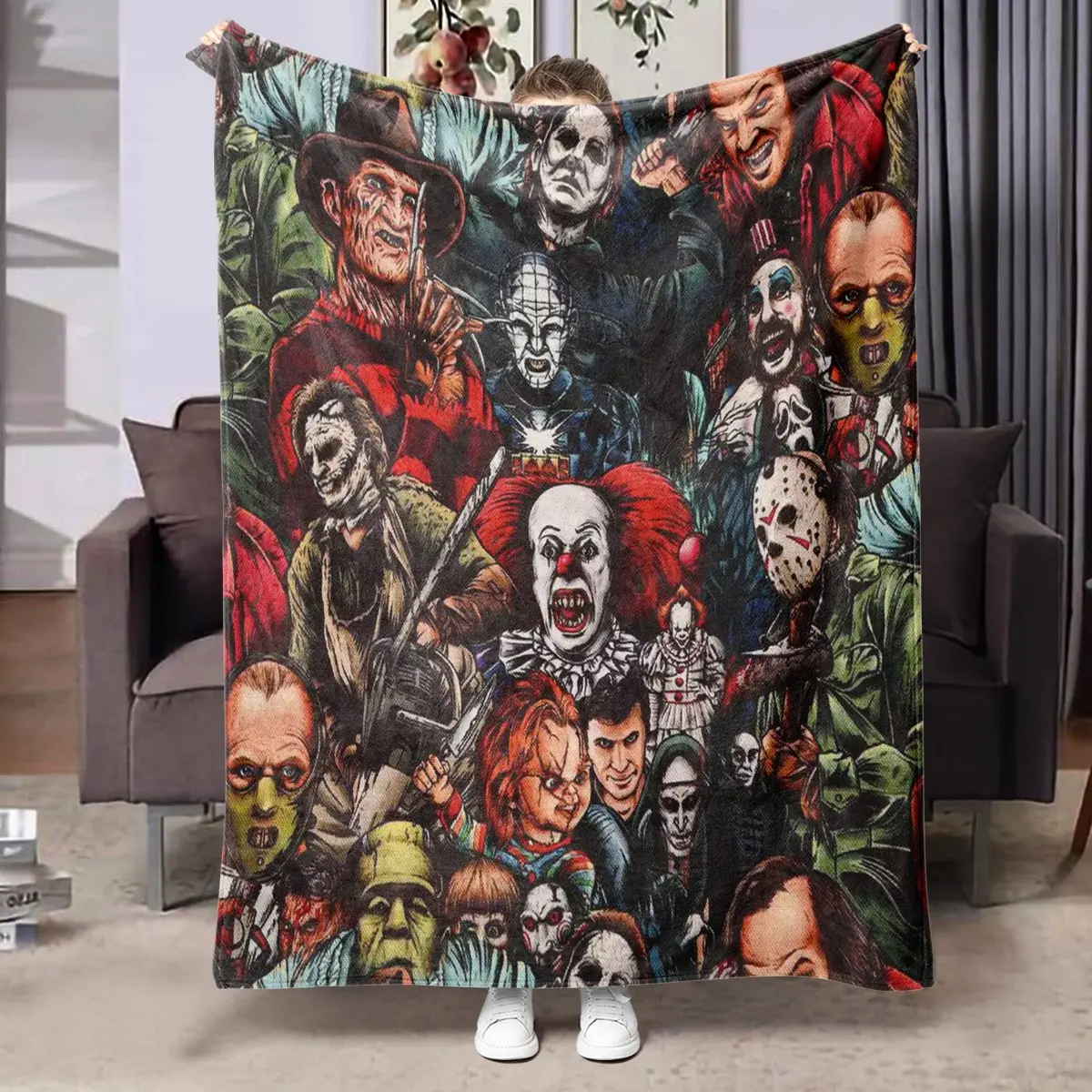 1pc Dark Retro Halloween Horror Movie Collage Fleece Blanket, Full Print Pennywise Clown, Jason Voorhees Mask, Freddy Krueger, Chucky Doll, Michael Myers, Hannibal Lecter Mask, Gothic Dark Style. Soft Warm Cozy Nap Blanket, Suitable for Sofa, Bed, Office,