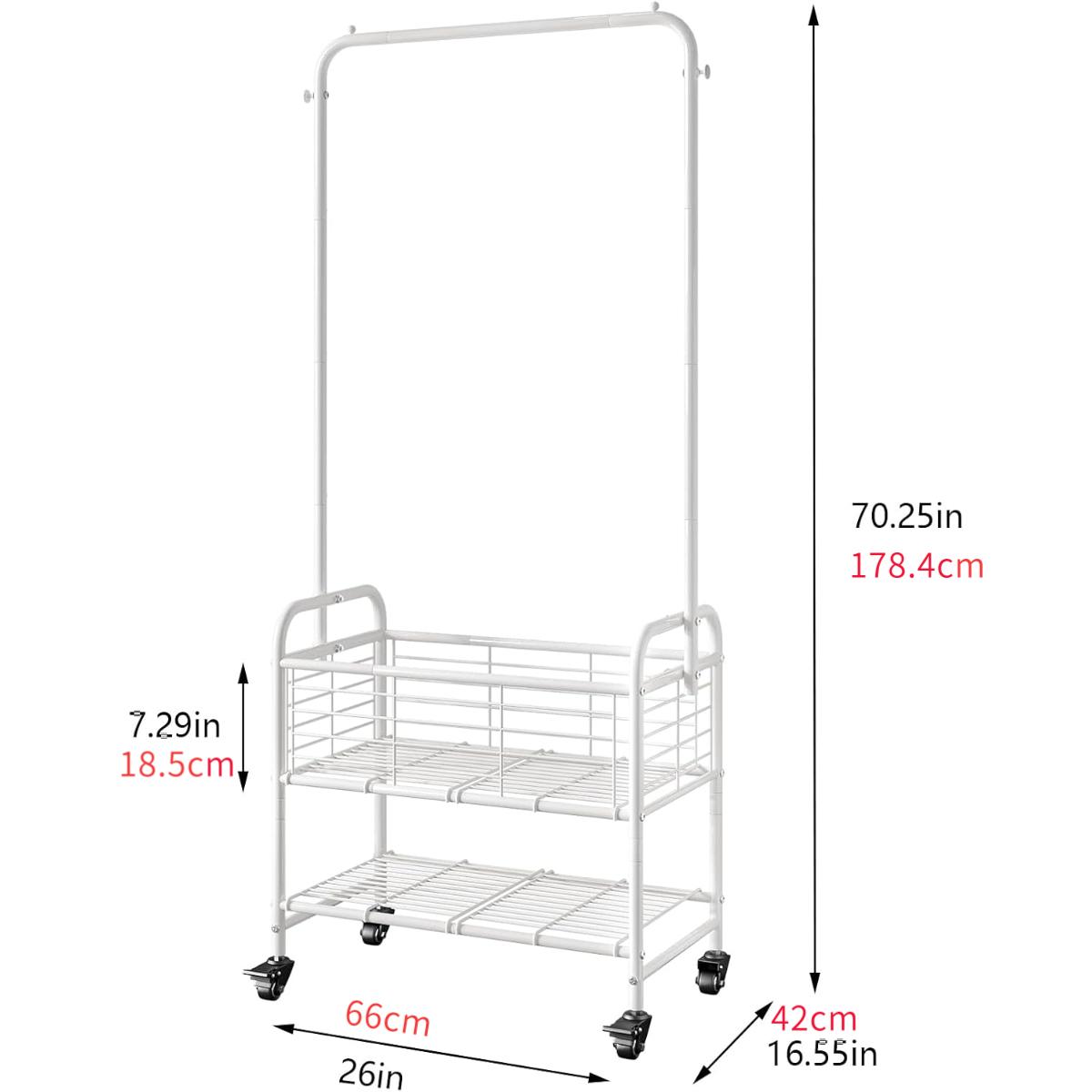 Heavy Duty Metal Garment Rack Mobile Clothes Rack with Wheels Laundry Cart with Storage Shelf and Side Hooks