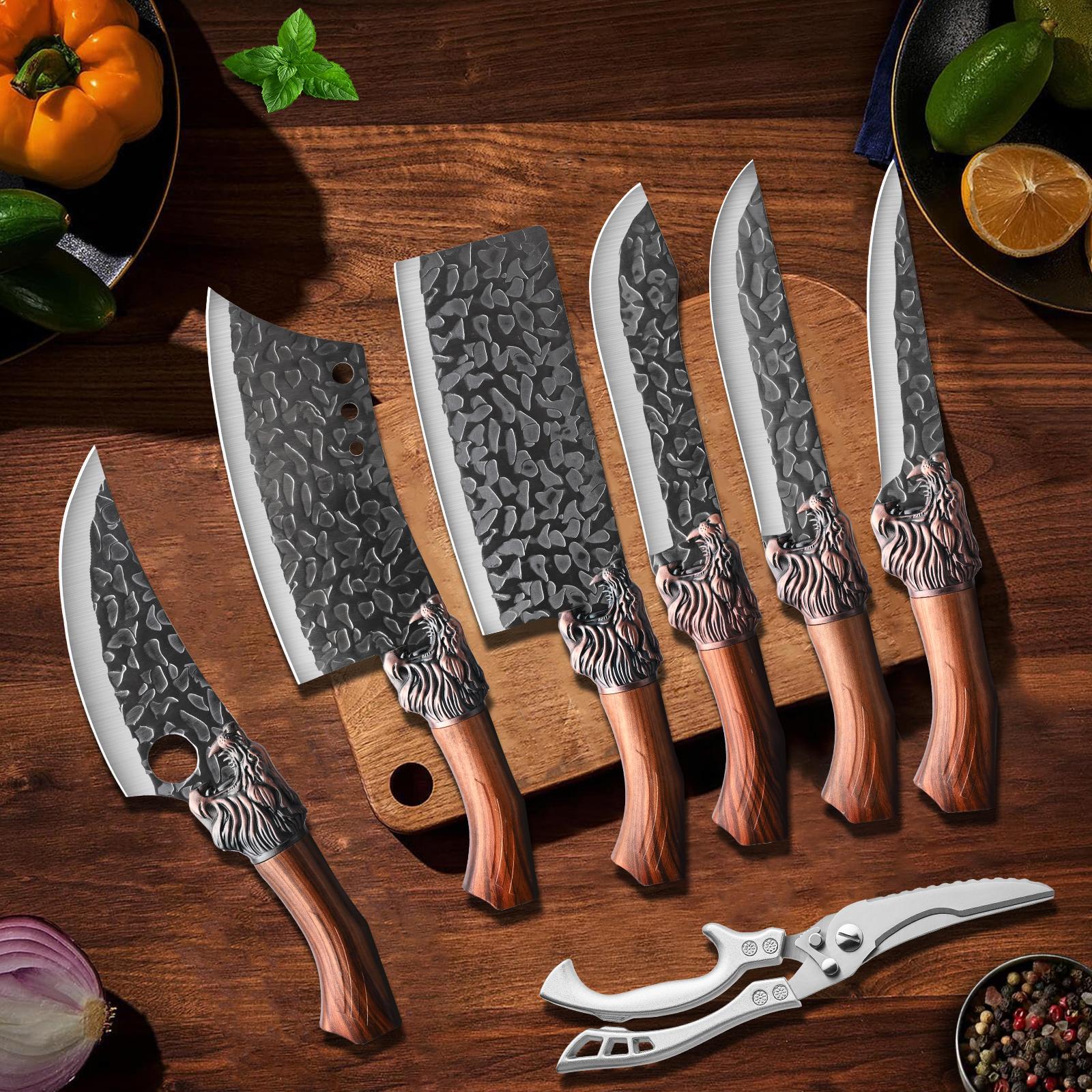 Professional Chef Knife Set - Handcrafted with Ergonomic Handle and Hammer-Finish Blade - Super Sharp Bone Cutting Knife, Butcher Knife, Fish Knife, Bread Knife, Hatchet, Kitchen Scissors - Perfect for Home Use, Mother's Gift Meat Dragon 7Pcs
