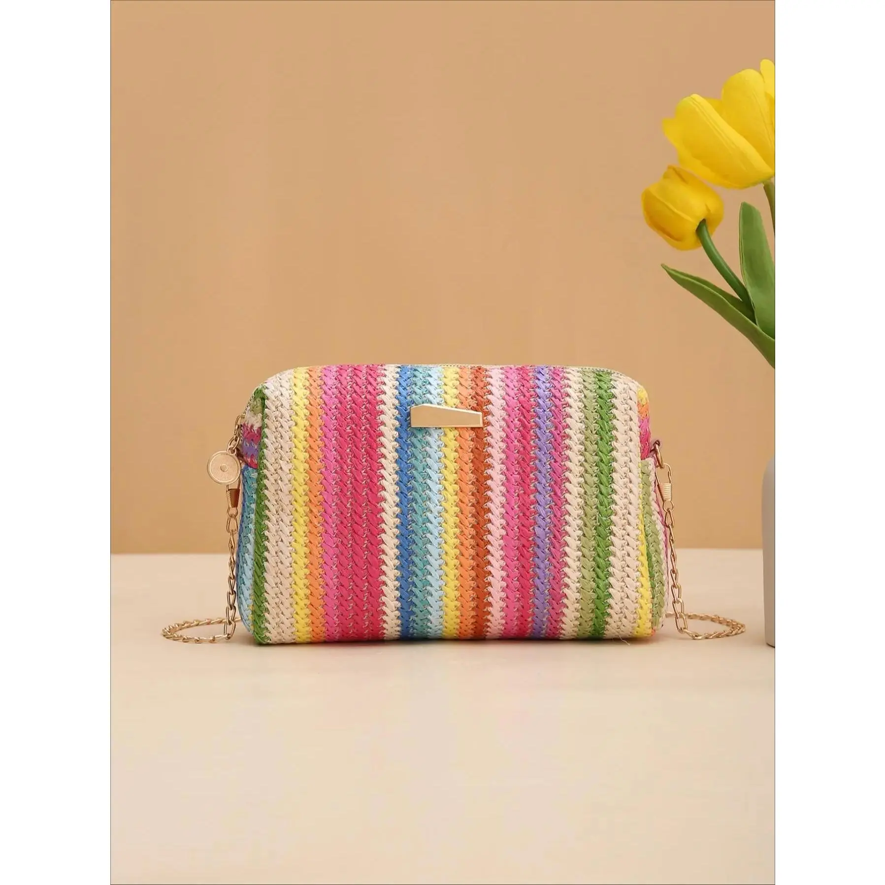 Women's Colorblock Straw Crossbody Bag - Woven Crochet Shoulder Purse, Trendy Square Chain Style for Beach Vacation, Casual Everyday Option (Crossbody Bags for Women), Everyday Bag