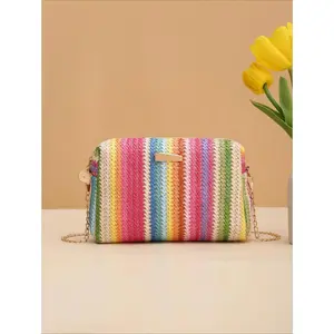 Women's Colorblock Straw Crossbody Bag - Woven Crochet Shoulder Purse, Trendy Square Chain Style for Beach Vacation, Casual Everyday Option (Crossbody Bags for Women), Everyday Bag