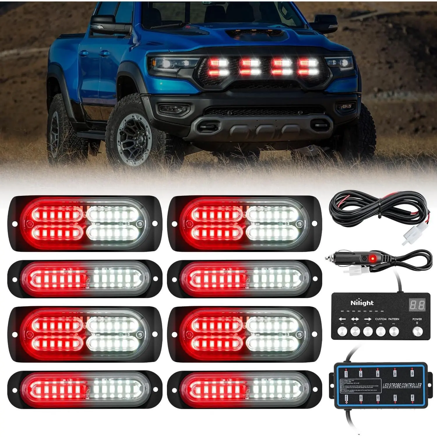 Nilight 8PCS Aluminum LED Strobe Emergency Lights with Controller, 12V-24V DC Sync, IP65 Red White Work Lights for 12V-24V Cars, Mounting Screws & Nuts, Power Cable (Surface Mount, Midnight/Daylight/Foggy Days Use), Led Strobe Lights