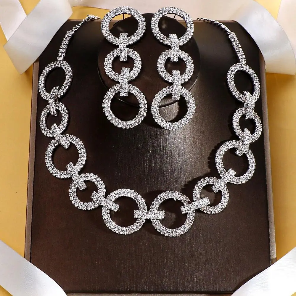 Hollow Round Rhinestone Jewelry Set for Women, African Charm Chain Necklace and Earrings for Wedding Party Wear, Rhinestones, African Wedding Charm