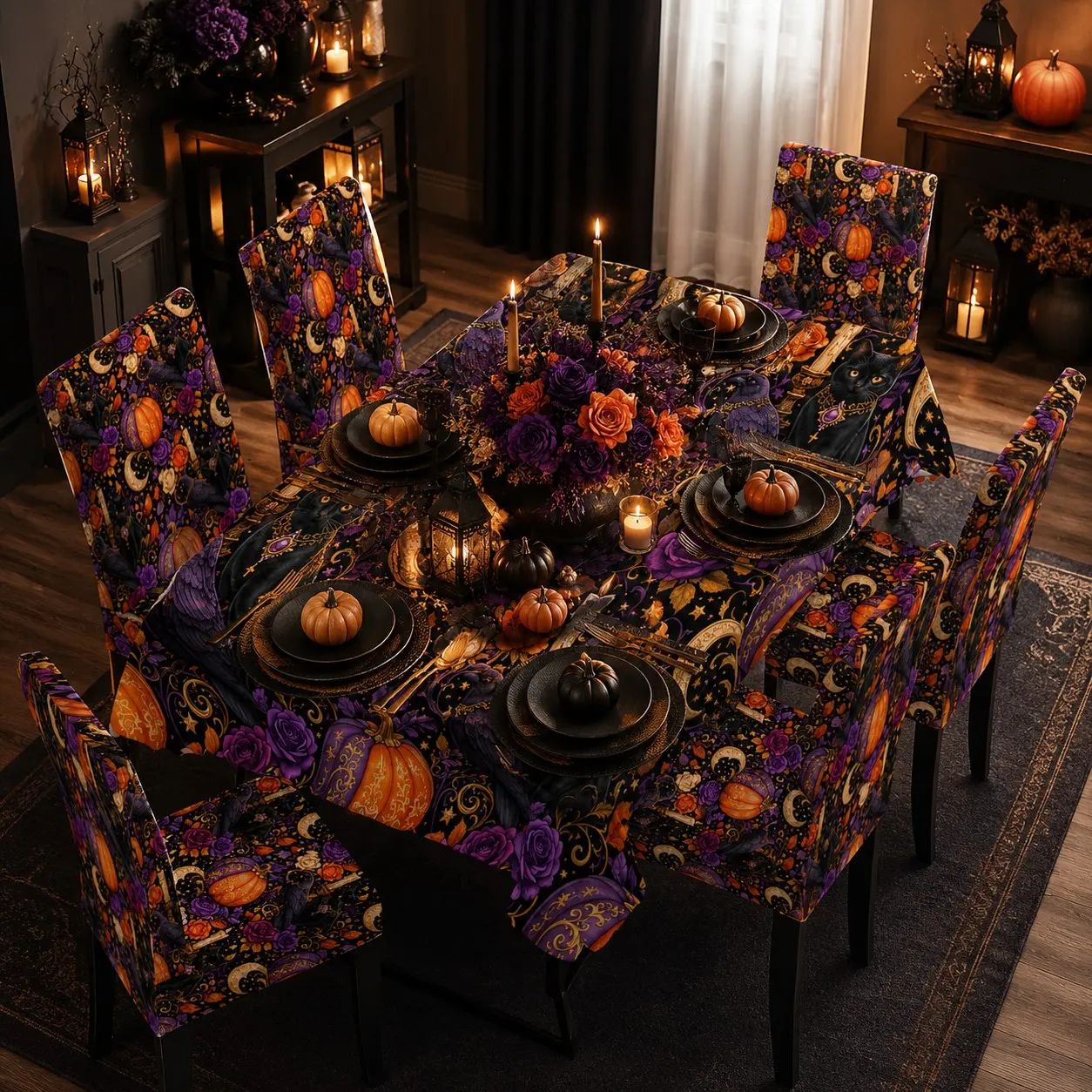 5/7 Pcs Gothic Black Cat Raven Pumpkin Purple Rose Moon Candle Halloween Print Tablecloth & Chair Cover Set, Dark Vintage Holiday Party Decor, Stretch Removable Washable Dining Chair Slipcover, For Halloween Parties, Family Gatherings & Household Table De
