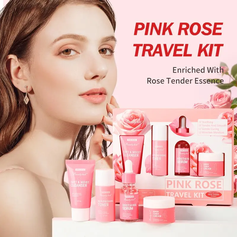 4-Piece Rose Skincare Set, Mini Travel Facial Care Kit, Contains Collagen and Centella, Moisturizing and Soothing, Brightening Skin