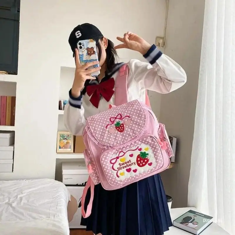 Pink Embroidery Strawberry Children's Schoolbag Student Birthday Gift 2026 New Fashion Kawaii Cartoon Pink Backpack Book Bags