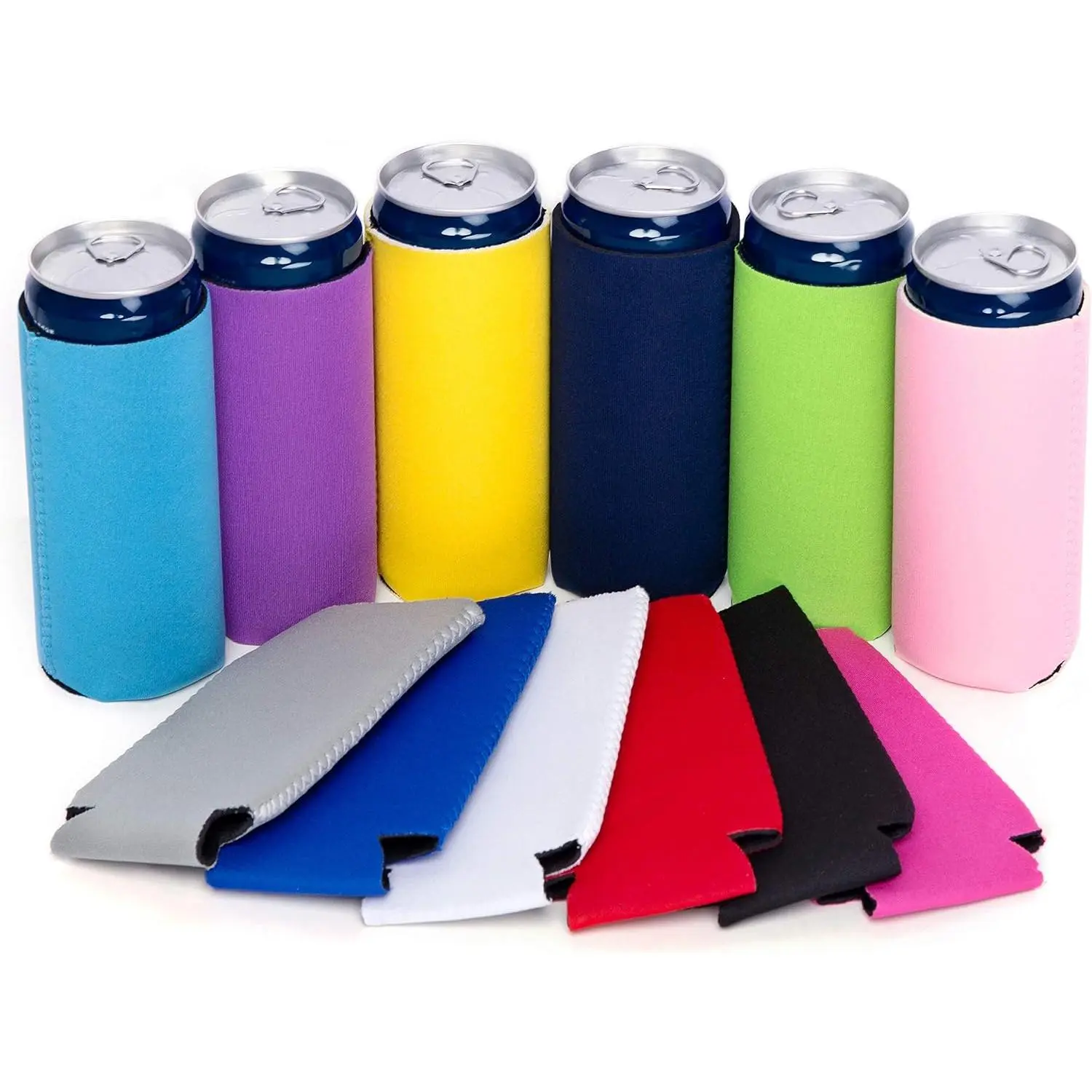 Vinyl 12 count Slim Can Coolers, 12 oz Plain Bulk Collapsible Soda Cover Coolies, DIY Personalized Sublimation Sleeves for Weddings, Bachelorette Parties, Multicolor