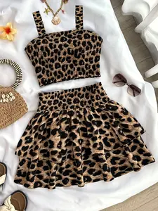 Girls Leopard Print Crop Top and High Waist Ruffle Skirt Set, Casual Holiday Street Style, Leopard Print Two Piece Set, Teenage Summer Outfits Set