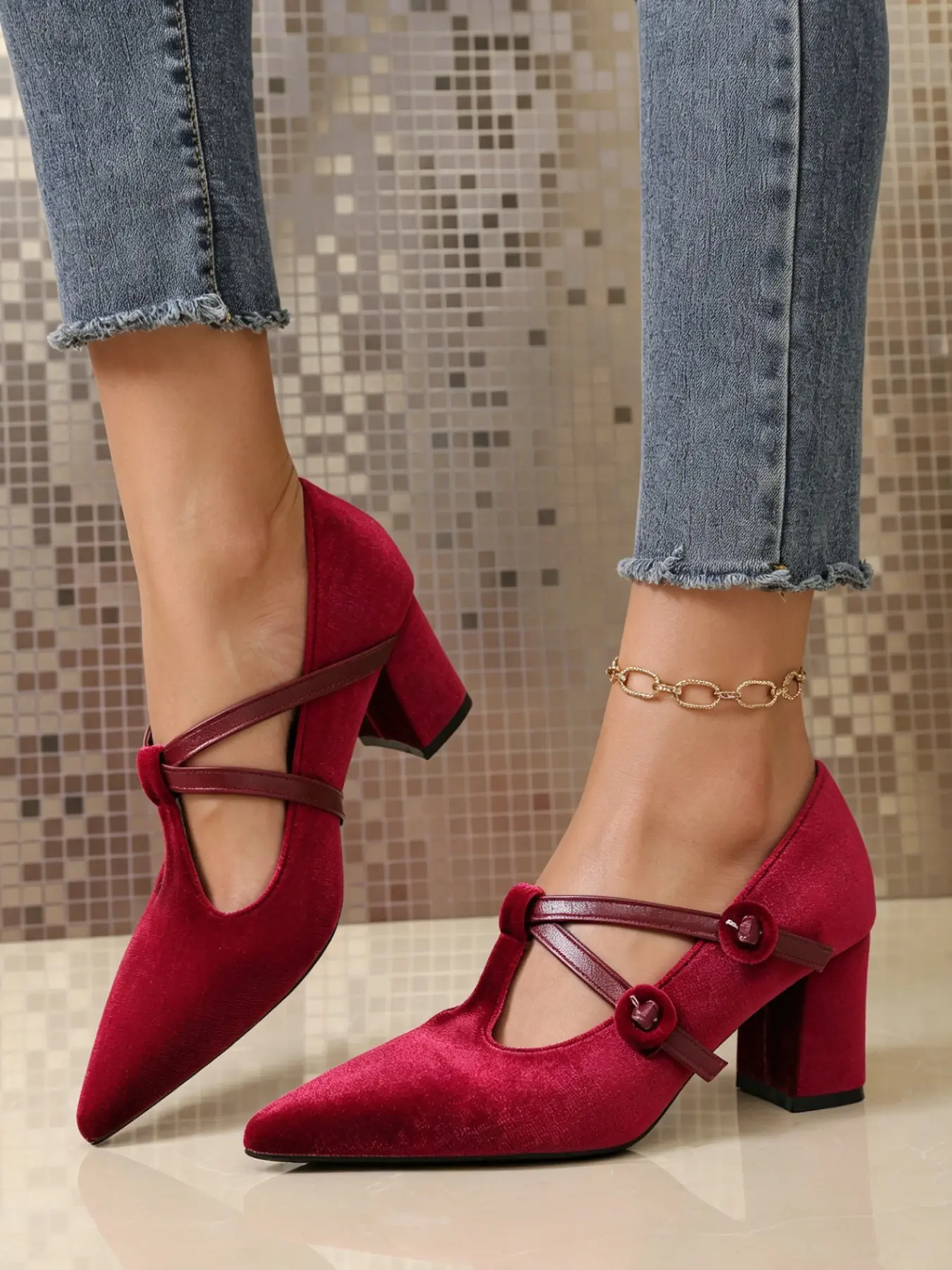 Women's Vintage Velvet T-Heel High Heels, Pointed Toe Double Strap Mary Jane Shoes, Elegant for Weddings, Dates, Parties, Daily Wear