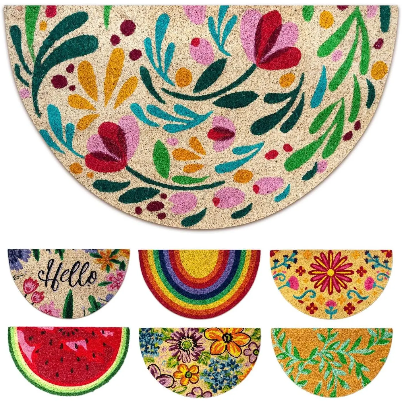 Coir Door mats Outdoor - Flora - Welcome mats for Front Door - Half Circle Coir Doormat Outdoor Entrance - 16''x27.5''