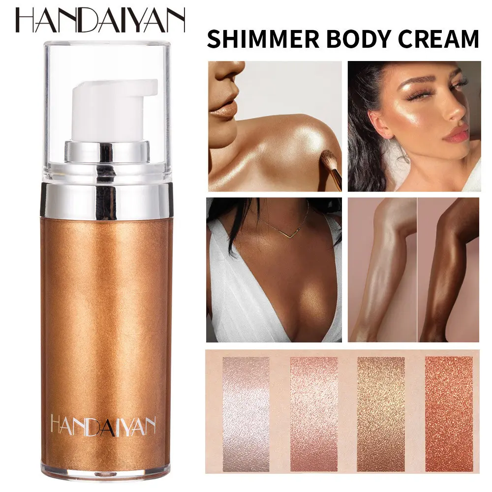 1PC Body Shimmer Cream 4 Shades HANDAIYAN Shimmer Body Lotion Lightweight Easy To Blend For Different Skin Tones Pump Bottle For Daily Body Brightening Beauty Gift