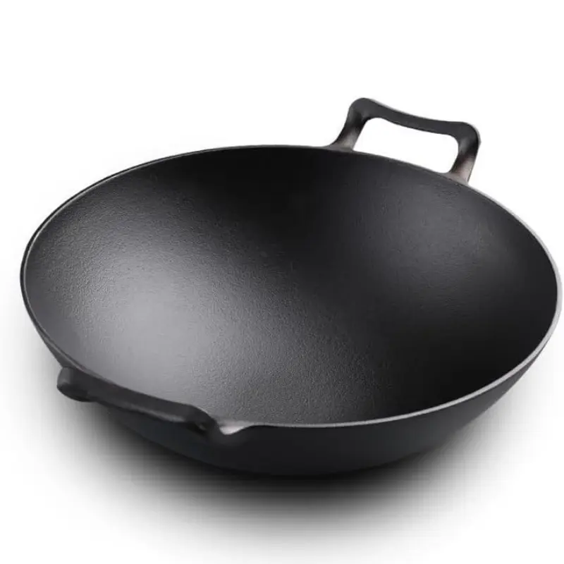 1 Count Cast Iron Wok with Handles, Non Stick, Pre-Seasoned Woks & Stir-Fry Pans with 2 Loop Handles, Uncoated Handmade Cast Iron wok, Suitable for All Cooktops