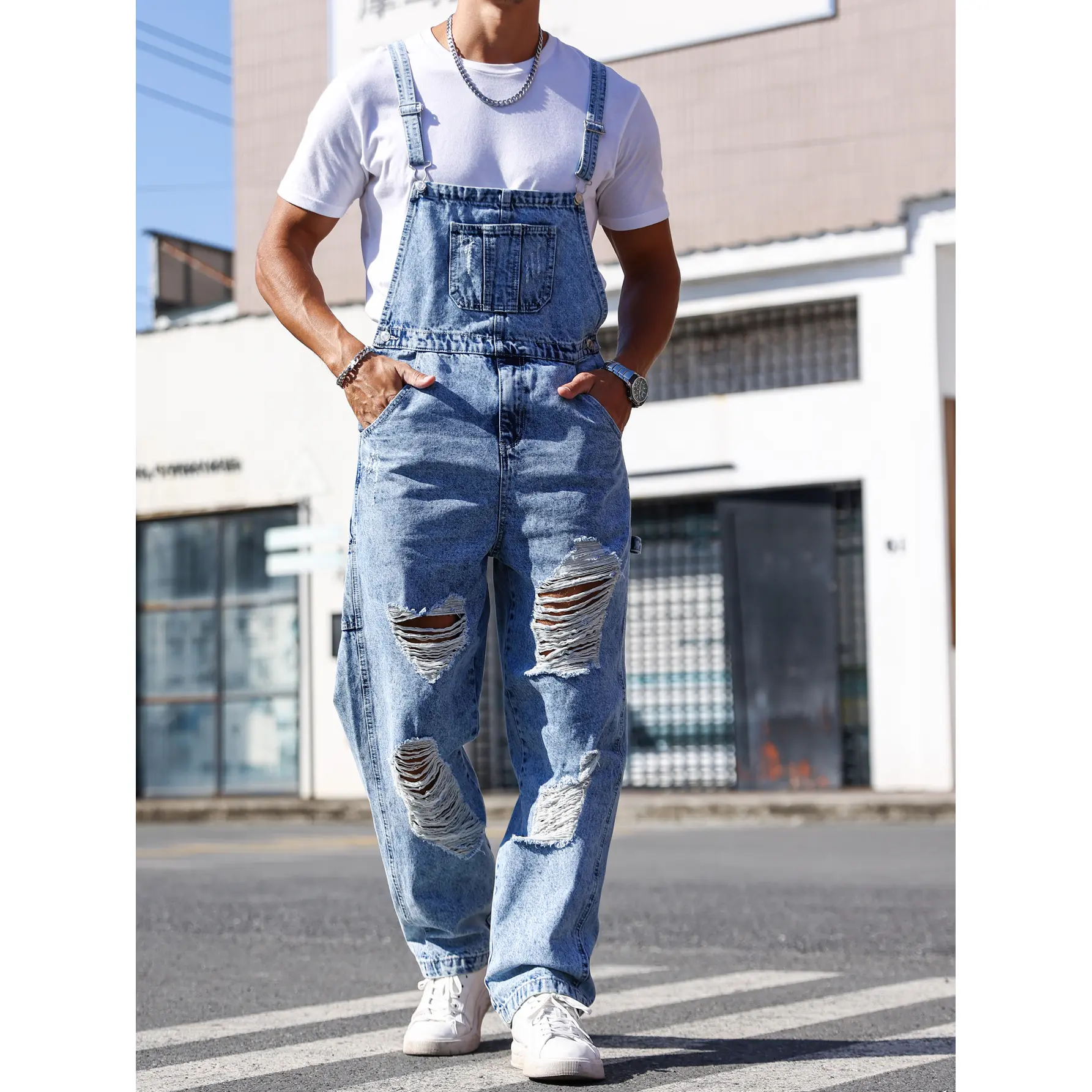 Men's Blue Vintage Washed Ripped Cotton Denim Suspender Overalls - Baggy Straight Loose Plain Fit, Soft Breathable Fabric, Adjustable Straps, Pocket, Stylish Vibe, Hoodie-Matching, Sneaker-Matching, Ideal for Outdoor Work & Casual Streetwear, Aesthetics