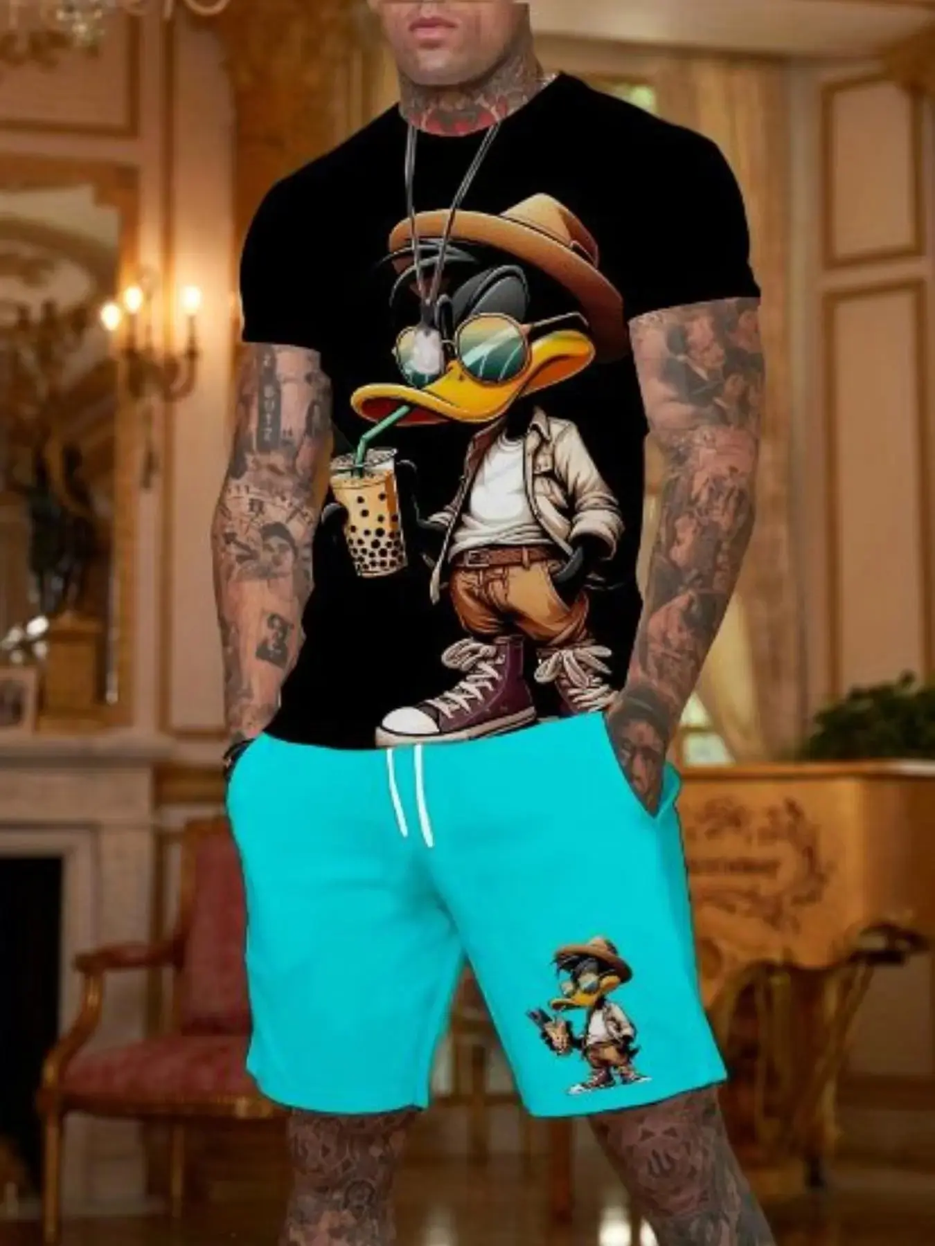Men Cool Cartoon Duck Graphic Two Piece Outfit Crew Neck Short Sleeve T-Shirt & Drawstring Shorts Casual Streetwear Summer Co Ord Set