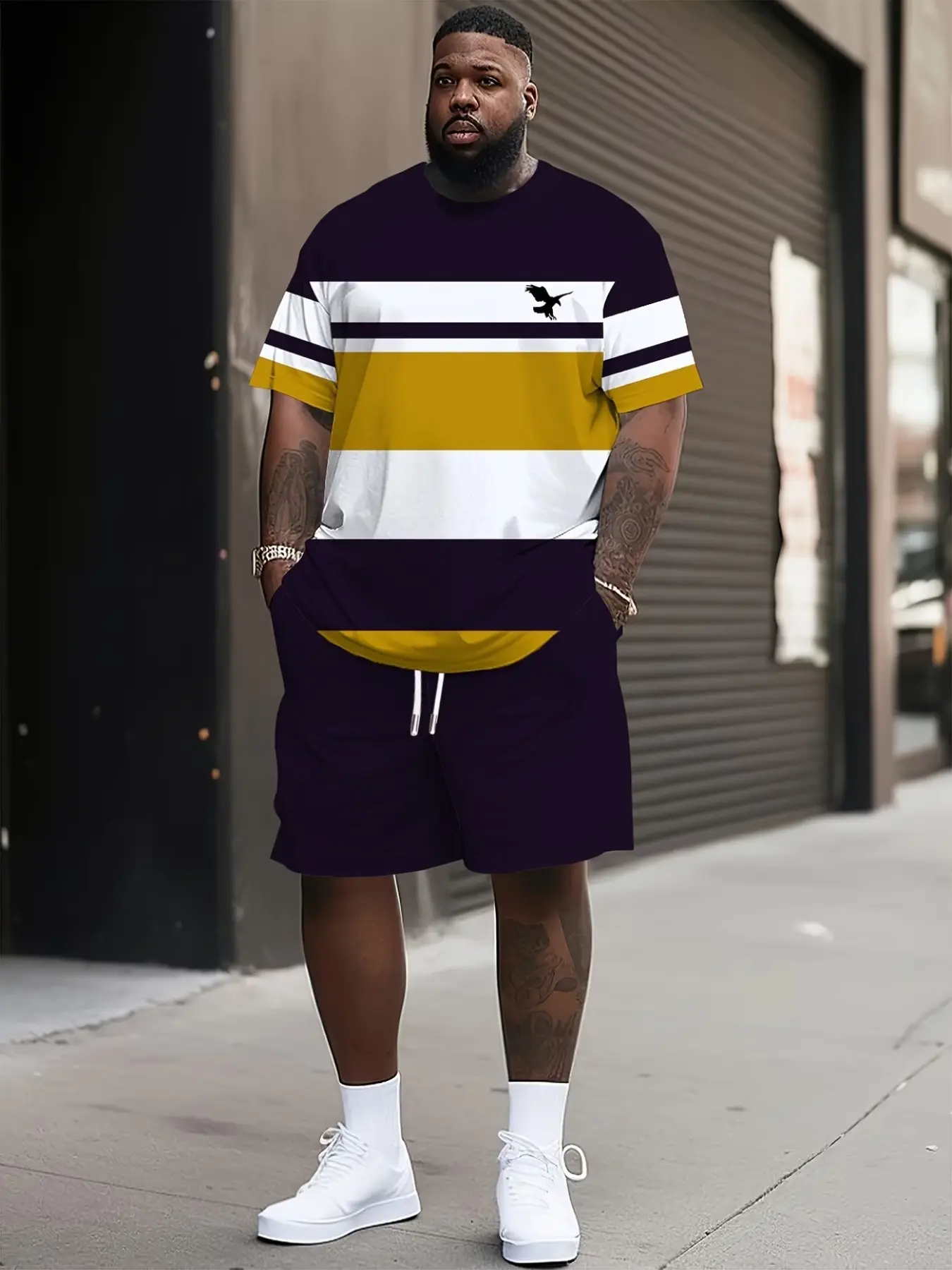 Men's Plus Size 3D Print Casual Two-Piece Set Outfits, Summer Sports, Outdoor, Breathable Round Neck T-Shirt and Shorts, Knitted Fabric, Loose Fit