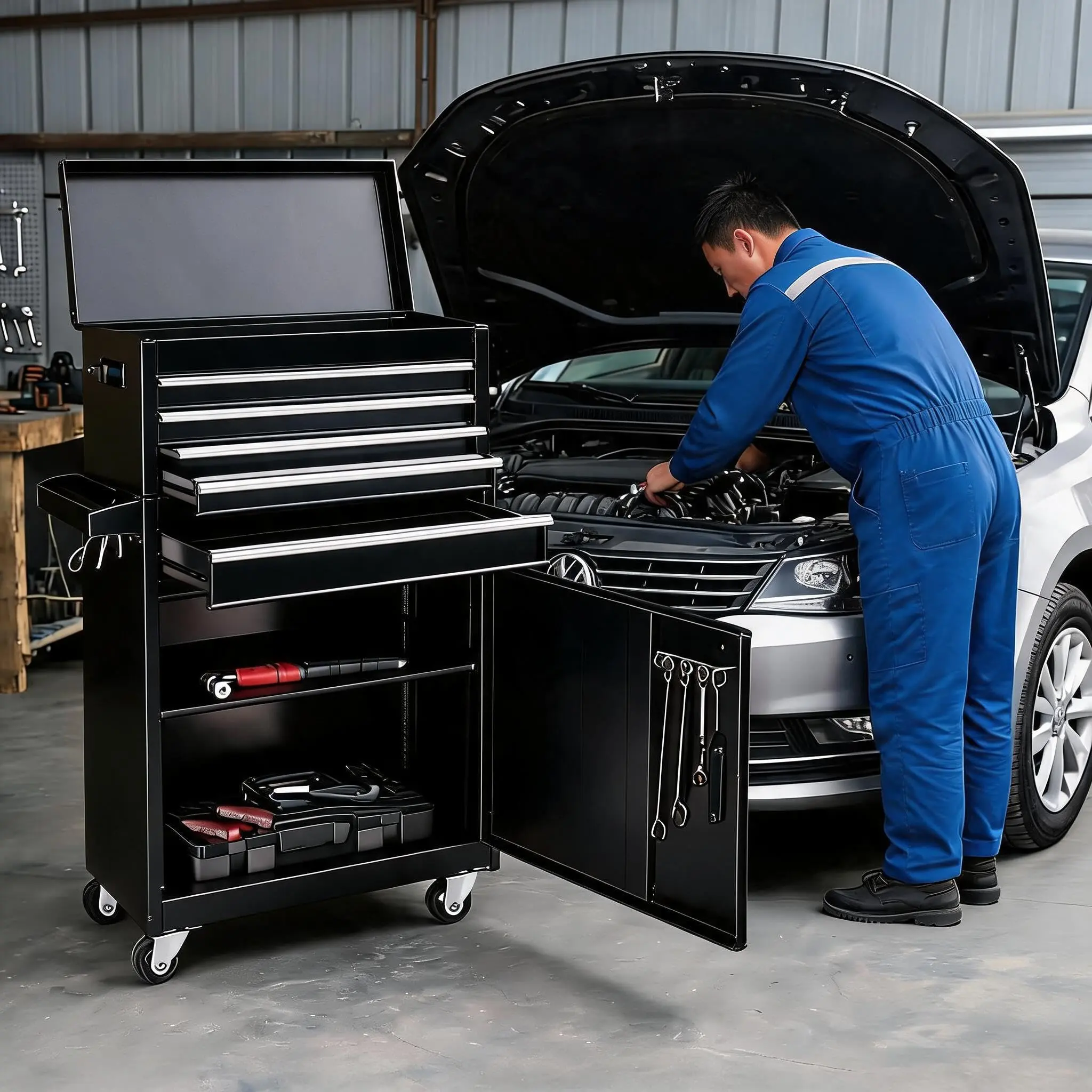 Garvee Rolling 4-Drawer Tool Chest Cabinet - Single Unit Tool Storage Rolling Chest for Garage, Workshop - Sliding Drawers, Protective Liner, Durable Metal Build, Mobile Design, Red, Side Armrest, 3-in Wheels