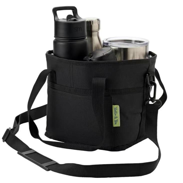 4-Compartmen CoffeeDrinkware Water Bottle Carrier with Adjustable Strap Foldable Detachable Hook-and-Loop Interior Divider for Car Travel Beach Picnics Outdoor Straw Accessories Classic Black Lake Blue Heather Dark Gray Heavy-Duty Nylon