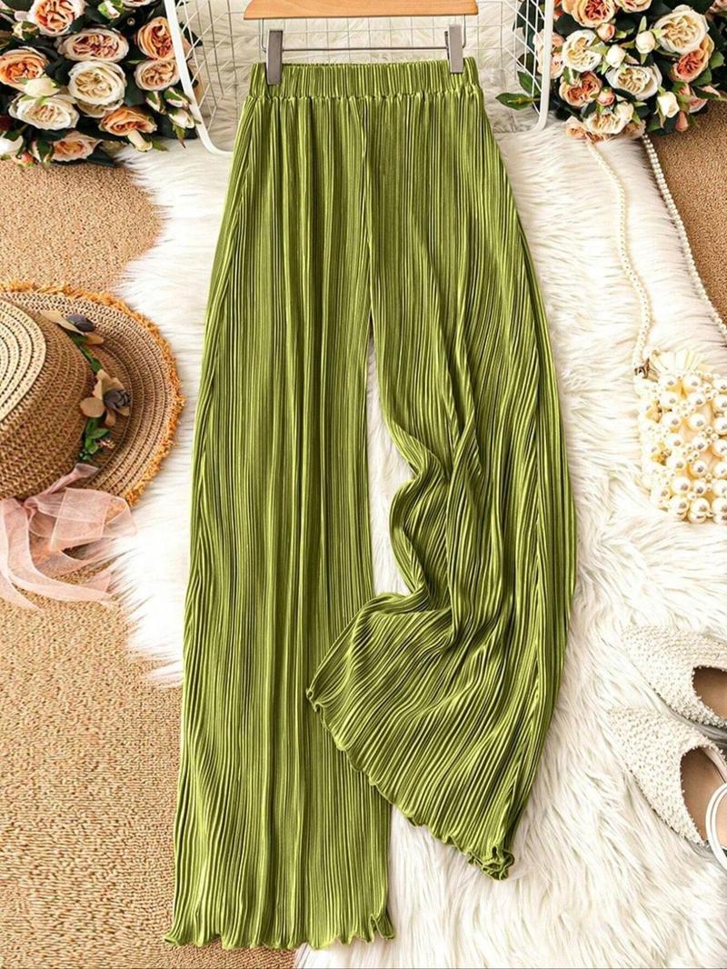 Women's Solid Color Satin Flowy Wide Leg Pants, Casual Comfy Trousers for Daily Wear, Ladies Bottoms for All Seasons