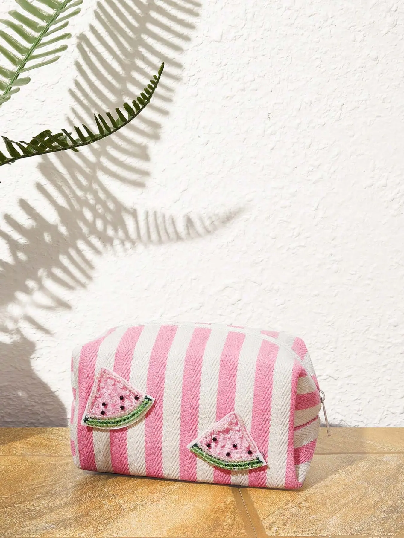 Striped Sailcloth Zipper Beaded Watermelon Patch Makeup Bag, Women's Portable Travel Makeup Organizer, Cute Style, Cosmetics Bag, Beauty Storage Pouch