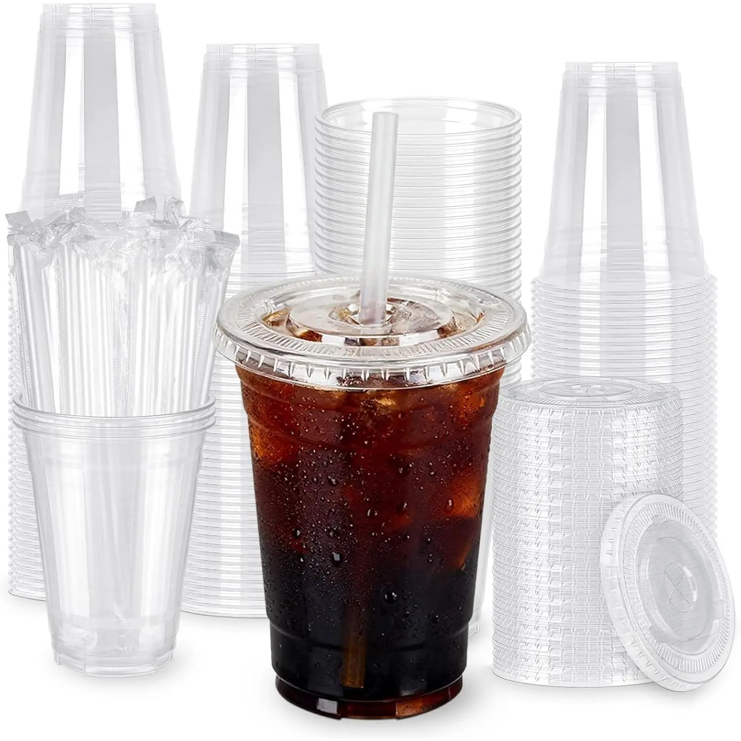 100 Pack 16oz Clear Plastic Cups with Lids and Straws, Leak-Proof Disposable Iced Coffee Cups, BPA-Free Recyclable PET To-Go Cups for Smoothies & Cold Drinks
