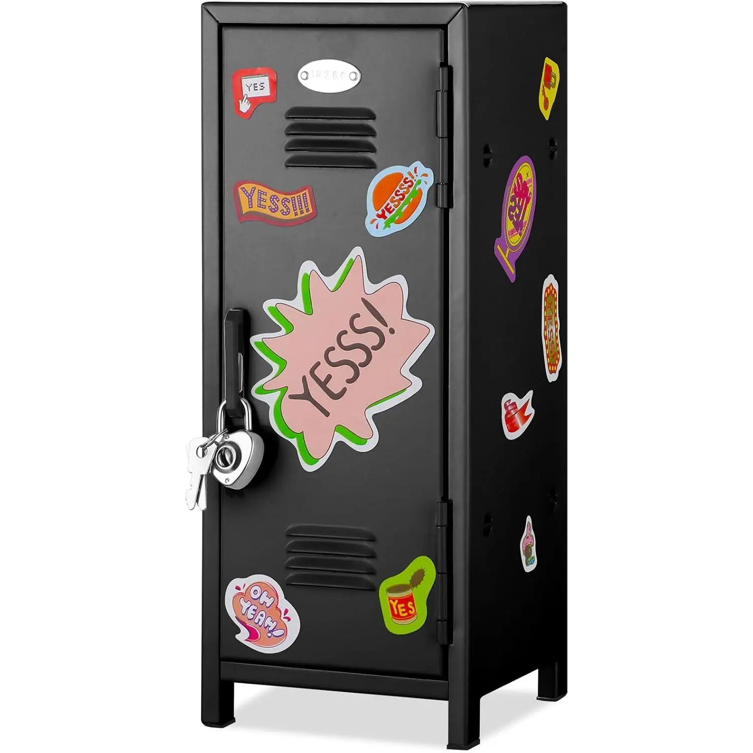 Mini Locker with Lock  Stickers 10.8inch Small Storage Locker Desk Locker Metal Small Locker Miniature Storage Locker Functional Safe Metal Locker for Desktop Bedroom  Office (Black)