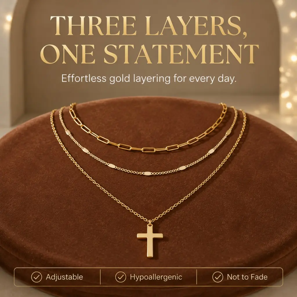 Women's 3-Layered Cross Pendant Necklace, 14K Gold Plated Stainless Steel Dainty Paperclip Beaded Chain, Hypoallergenic Adjustable Layering Jewelry, Tarnish-Resistant IPX4 Waterproof Daily Wear Faith Accessory, Trendy Birthday Gift
