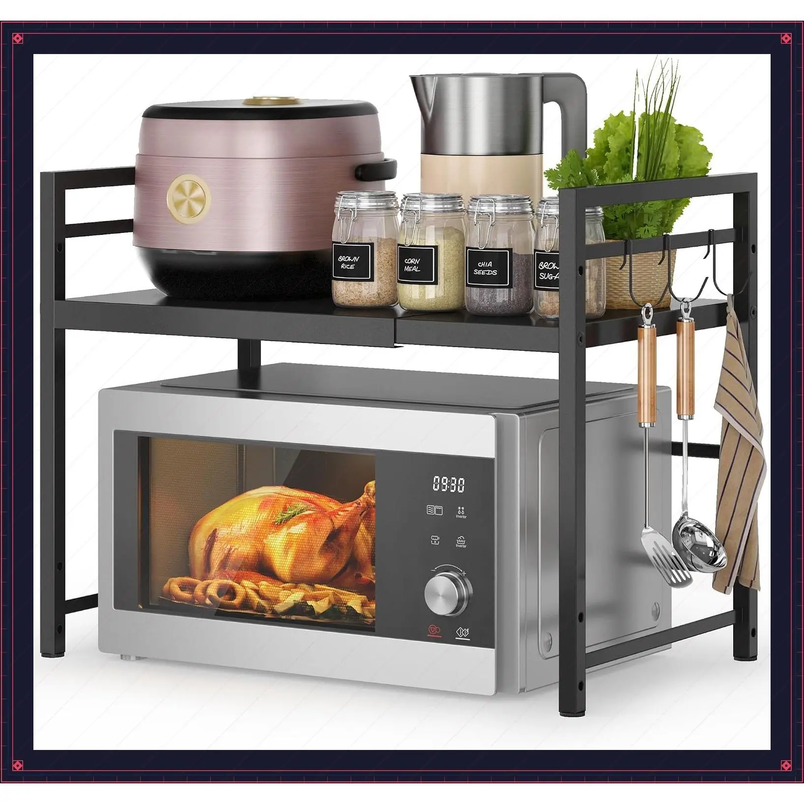 Expandable 2-Tier Microwave Oven Rack, Carbon Steel Countertop Microwave Stand with 3 Hooks, Adjustable Metal Storage Shelf for Kitchen Utensils, Pans and Small AppliancesGift