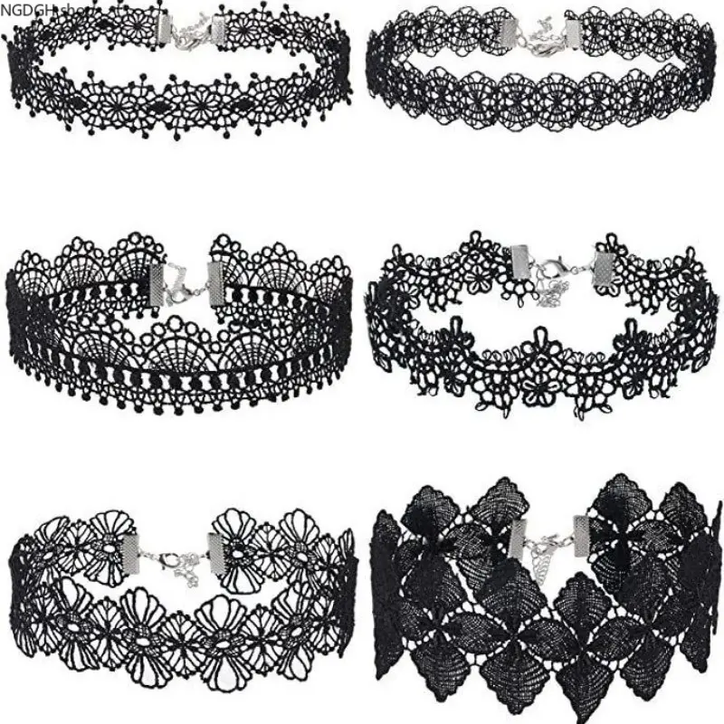 6Pcs Black Lace Choker Necklace Set, Vintage Hollow Floral Crochet Lace Chokers, Gothic‑Aesthetic Assorted Pattern Collar Necklaces, Soft Adjustable Punk Costume Jewelry for Party Cosplay Daily‑Wear Dating Night Out