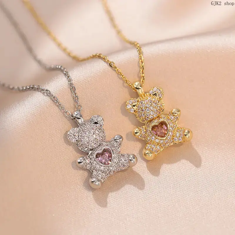 Women's 2-Pcs Heart-Hug Bear Pendant Necklaces, Blush Pink Sparkling Micro-Paved Zircon Clavicle Chains, Adjustable Dainty Trendy Costume Jewelry, Sweet Gifts for Girls, All-Season, Father's Day Gifts