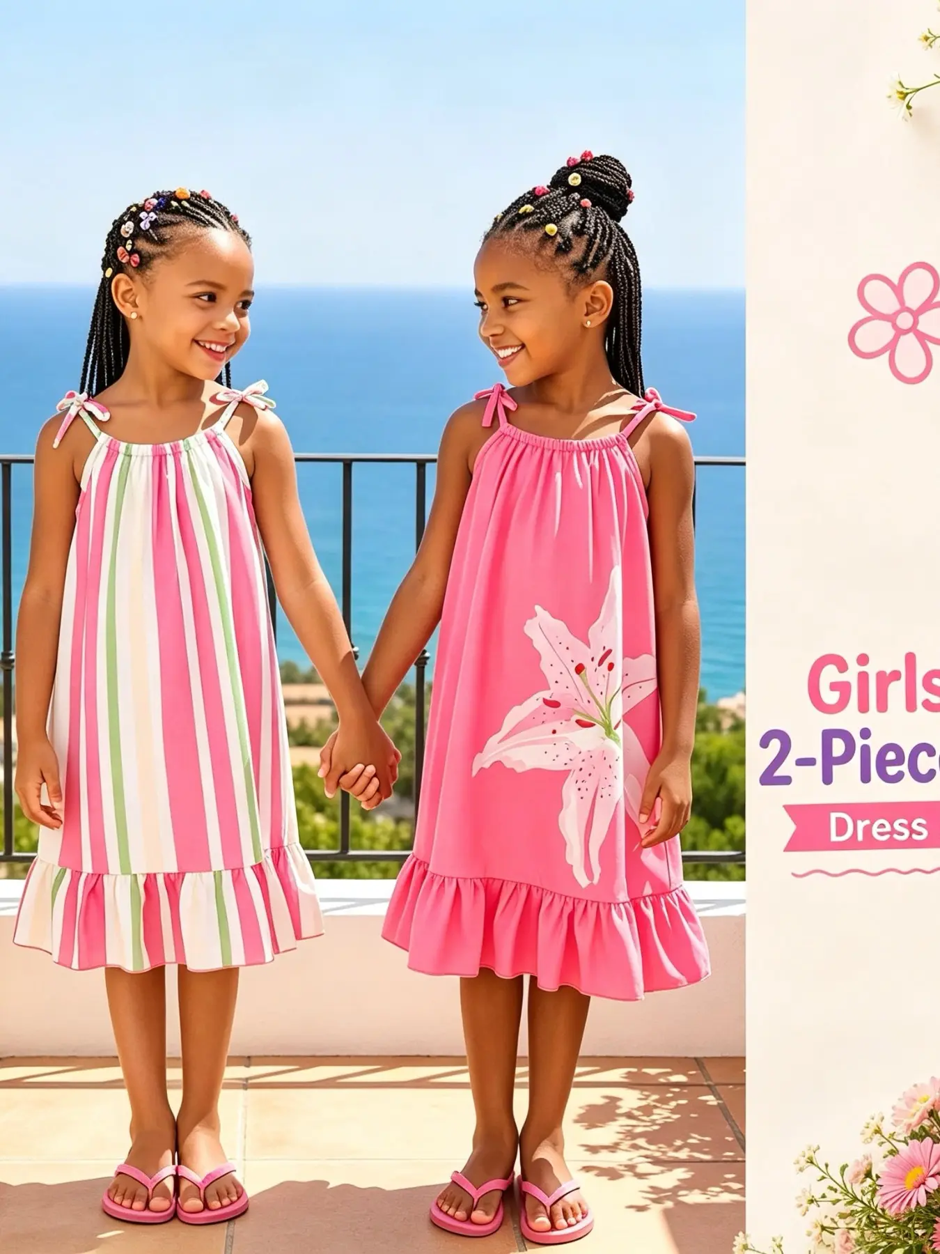 2 Pieces Girls' Summer Tank Tops, Floral and Striped Casual Sleeveless Dresses, Knee-Length, Breathable, Perfect for Beach Holidays Summer Dresses Set, Little Girl Dress