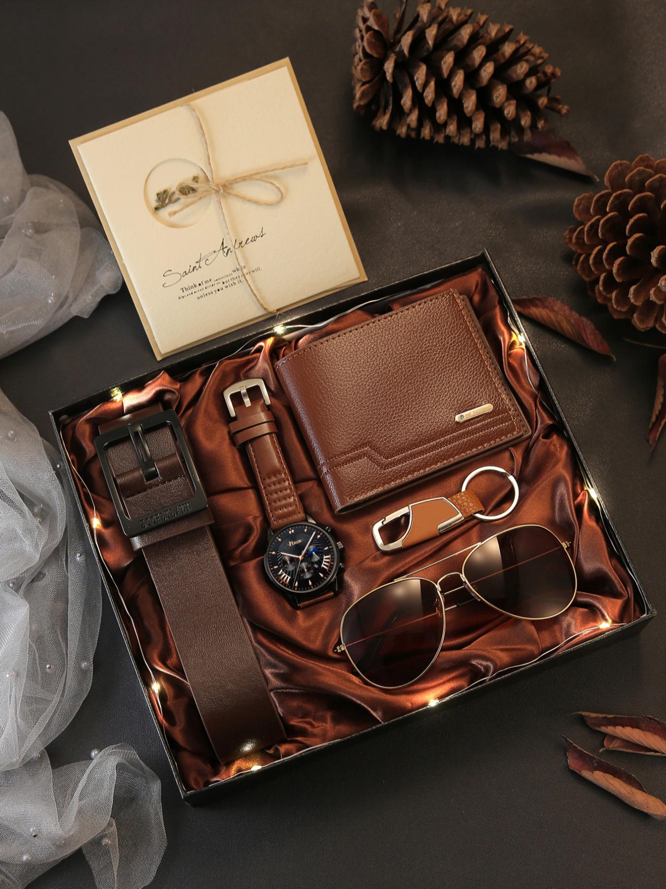 Men's Business Fashion Casual Watch Gift Set, Includes Watch, Wallet, Sunglasses, Keychain, Cufflinks and Tie Clip, with Gift Box, Birthday Gift for Men, Men Accessories, Accessory Set