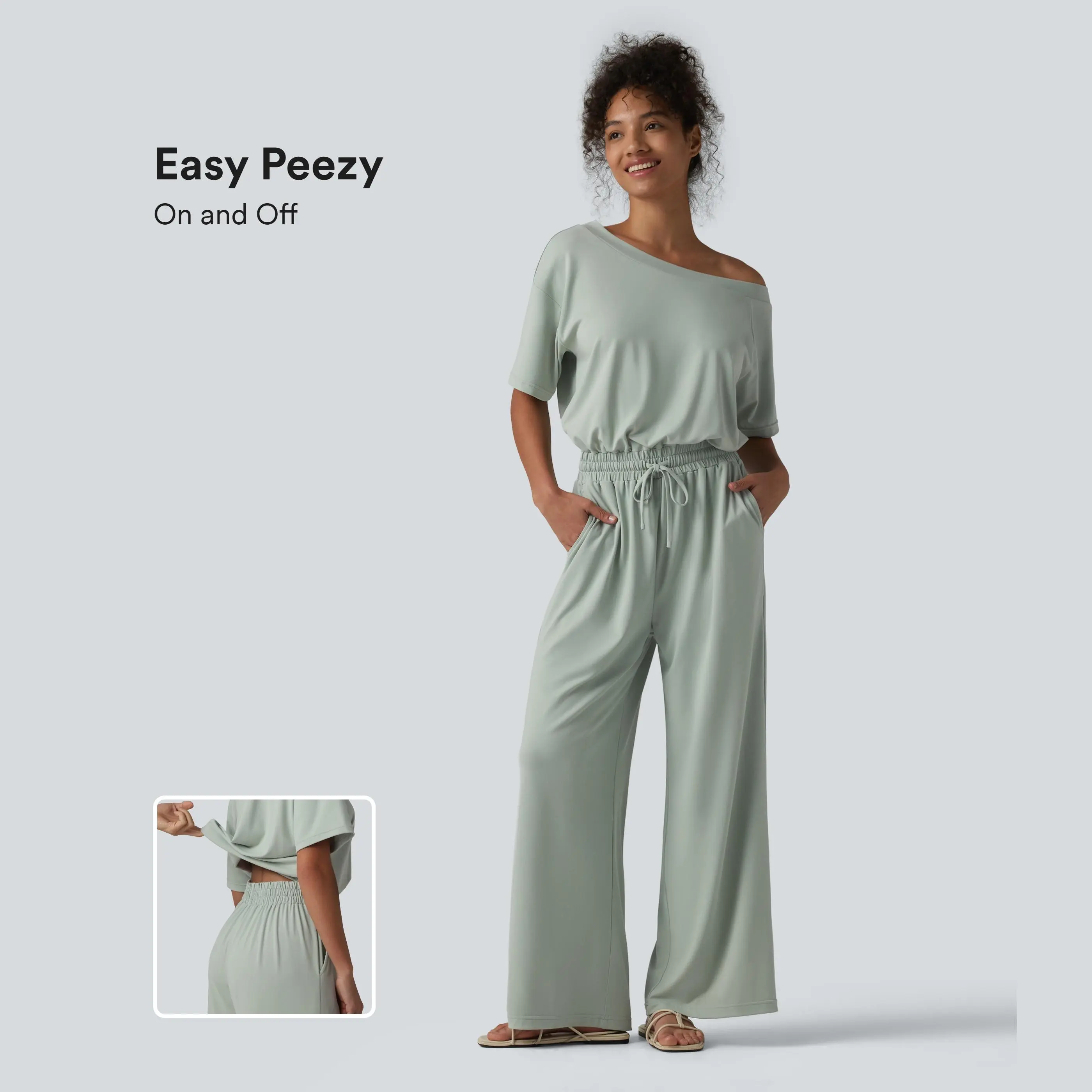 Halara Boat Neck Short Sleeve Drawstring Baggy Casual Jumpsuit with Pockets-Easy Peezy Edition