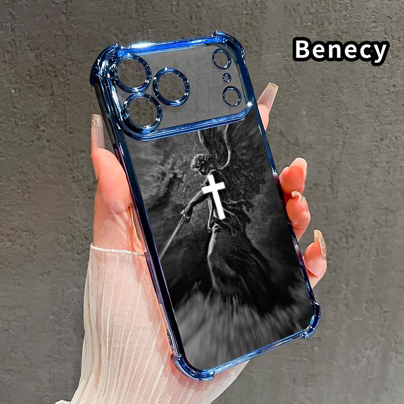 Phone Case for iPhone 17 Pro Max 16 15 Plus Air 14 13 12 11 E Christian Aesthetics Cross Judgement Angel Pattern Four-corner Thickened Anti-drop Protective Silicone Cover Gift