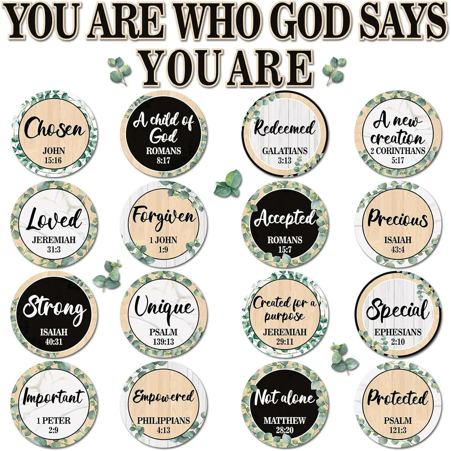 Christian Bulletin Board Decoration Set, Laminated Paper Wall Art with Eucalyptus Greenery, Modern Inspirational Texts & God Says You Are Quotes, 22+16+5 Pieces Religious Classroom Sunday School Church Decor