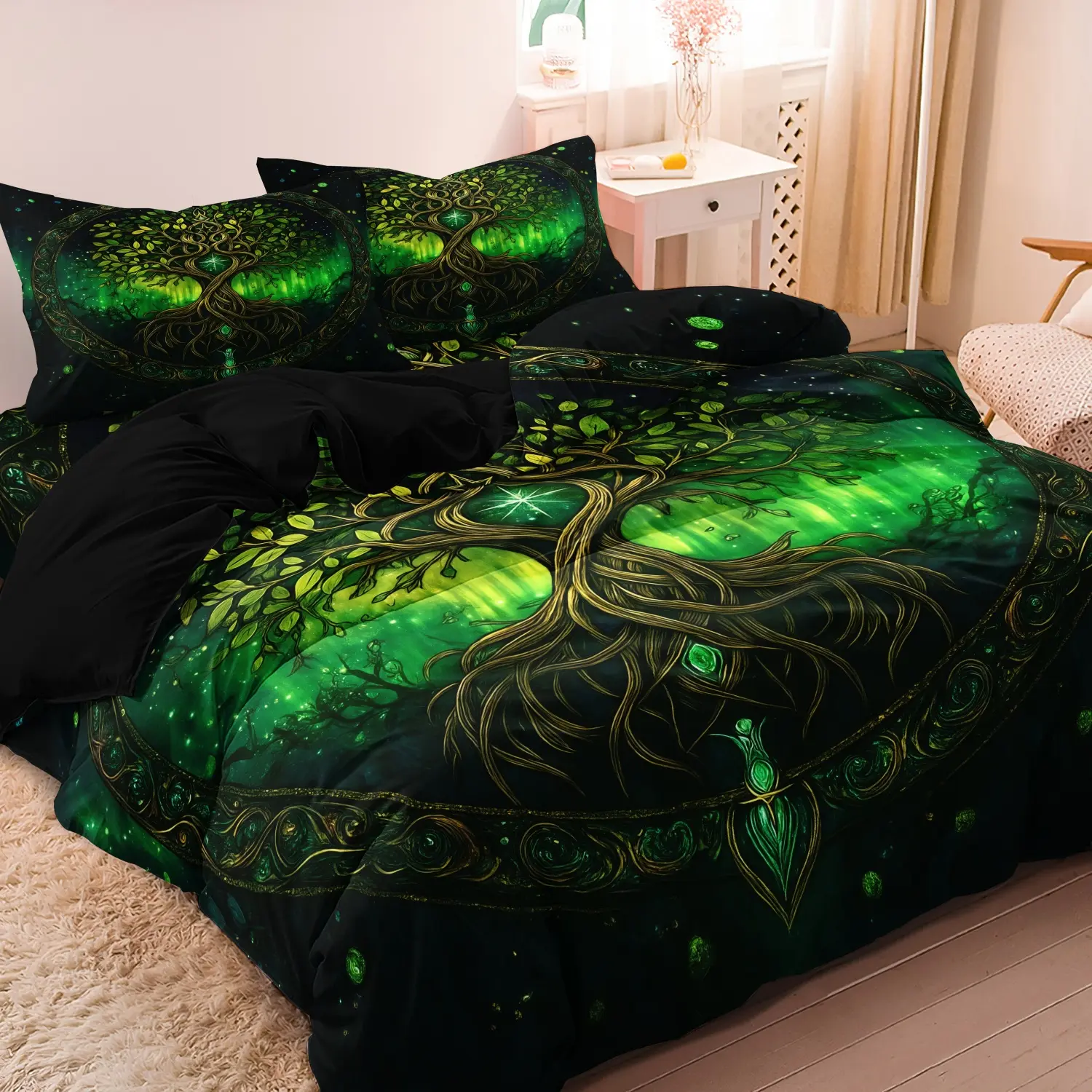 3 Pieces Black Green Tree of Life Print Decorative Duvet Cover Set, Sacred Forest Root Branch Print Bedding, Theme Bedding Set, For Family Bedrooms Dormitories Hotels (1 Duvet Cover + 2 Pillowcases, No Comforter No Pillow)