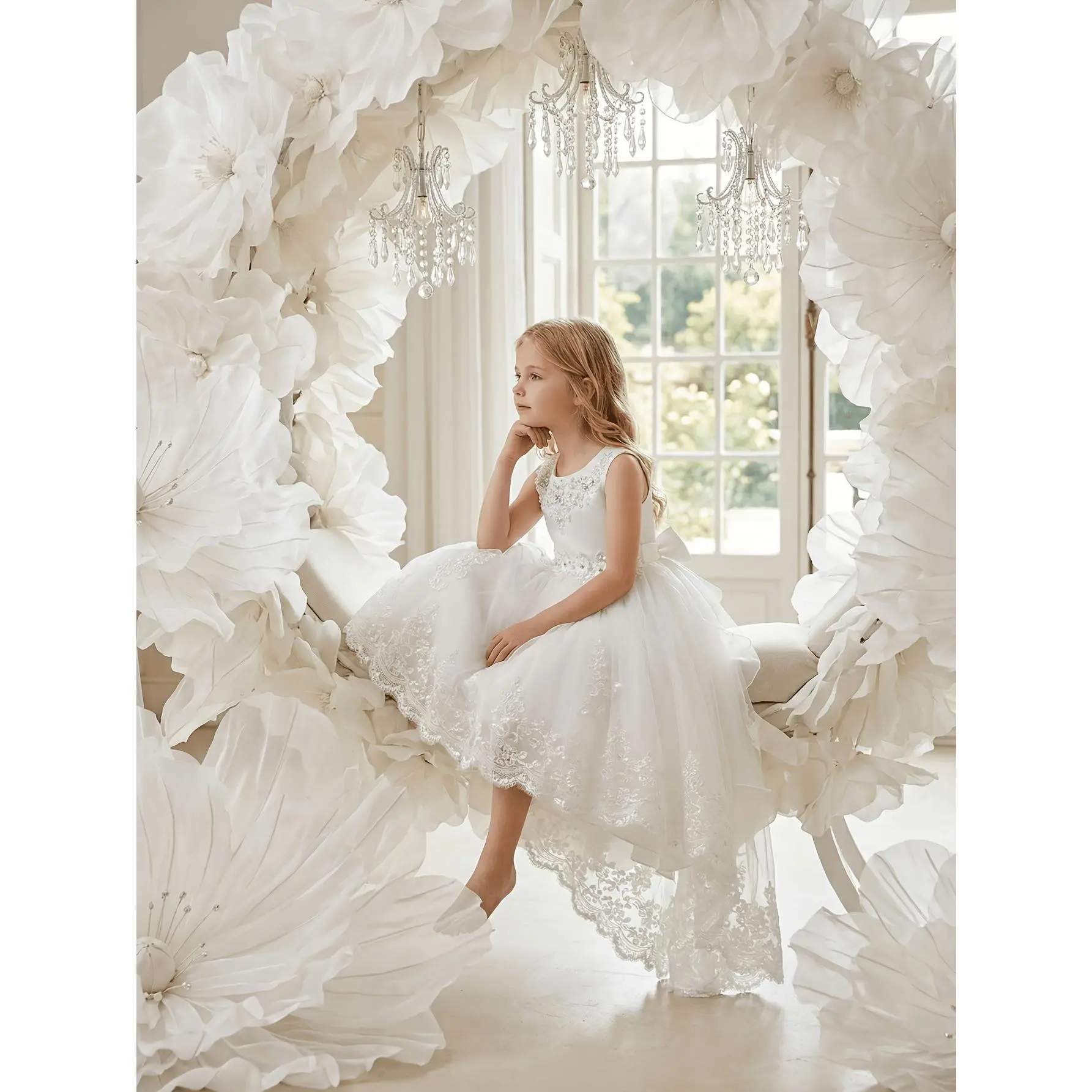 Flower Girl Dress Princess Tulle Gown Girl Bridesmaid Communion Birthday Party Pageant Long Evening Dress, Embroidered Style, Short Front And Long Back Train Dress, Non-Stretch Style