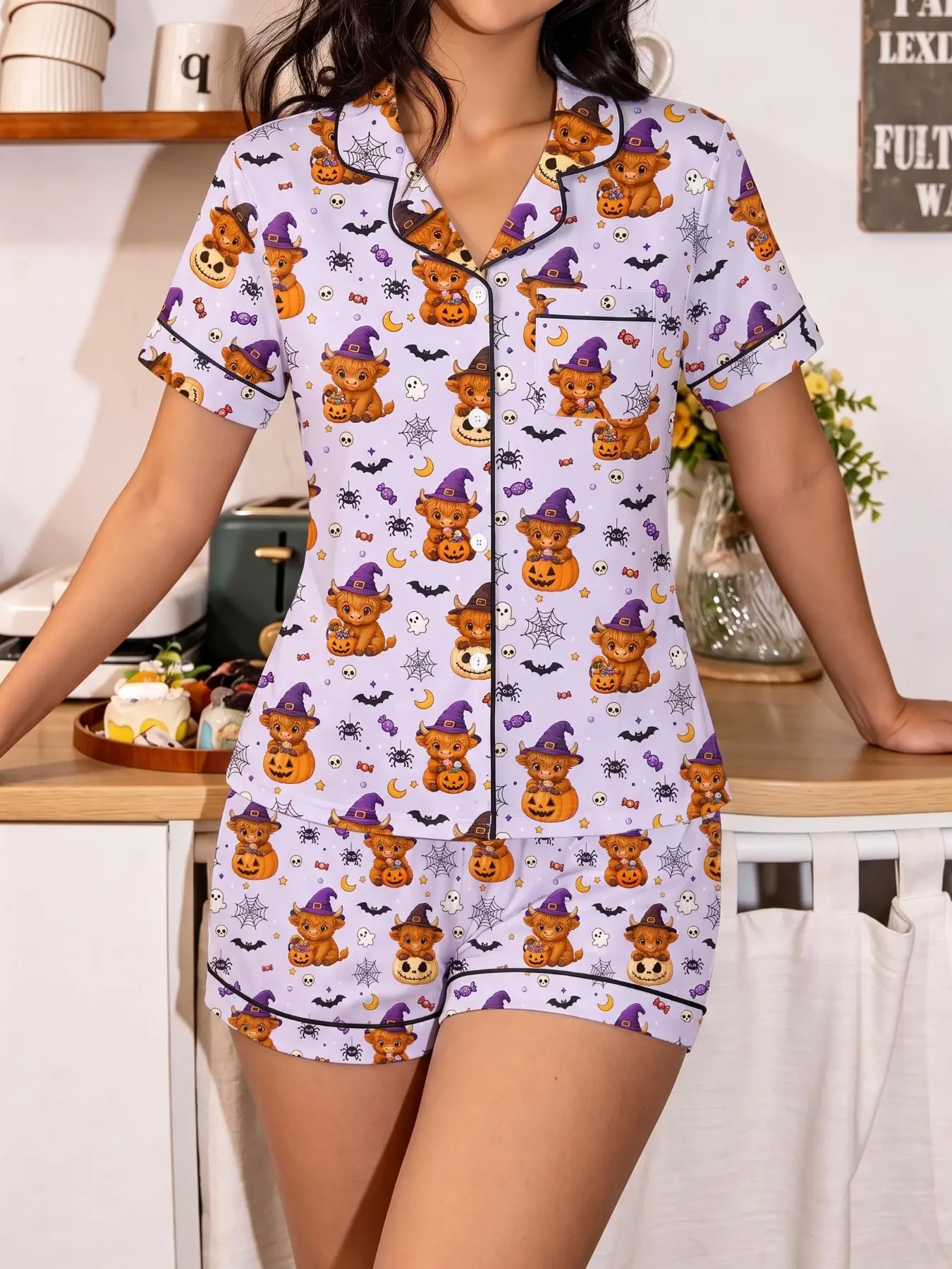 Women's Short Sleeve Pajama Set, Halloween Highland Cow Pattern, Button-Up Top with Shorts, Soft Fabric, Casual Home Wear, Loungewear Pjs