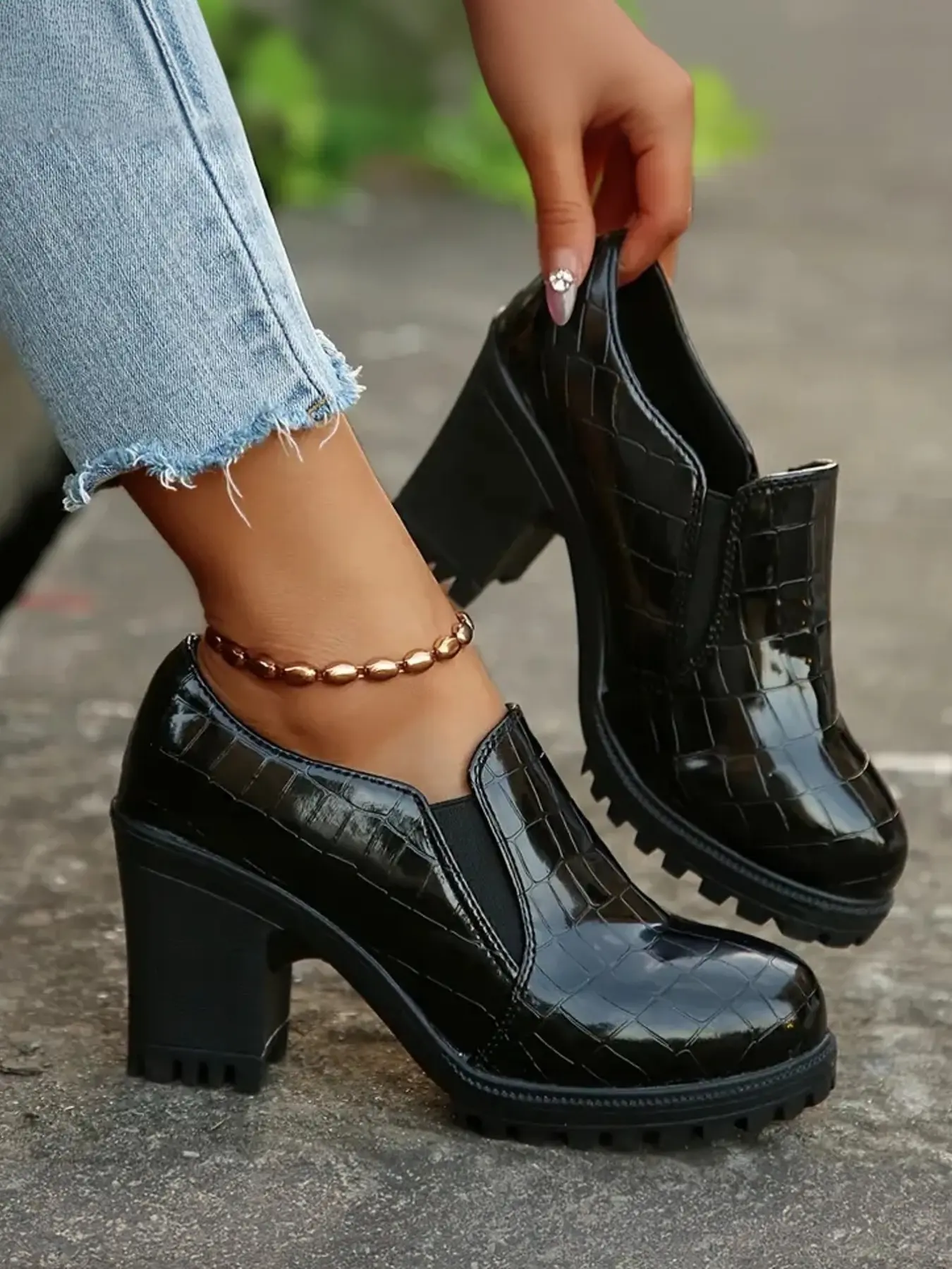 Women's Fall Winter Glossy Crocodile Texture Chunky Heel Loafer Boots, Side Elastic Stretch Ankle Boots, Anti-Slip Vintage Office Shoes