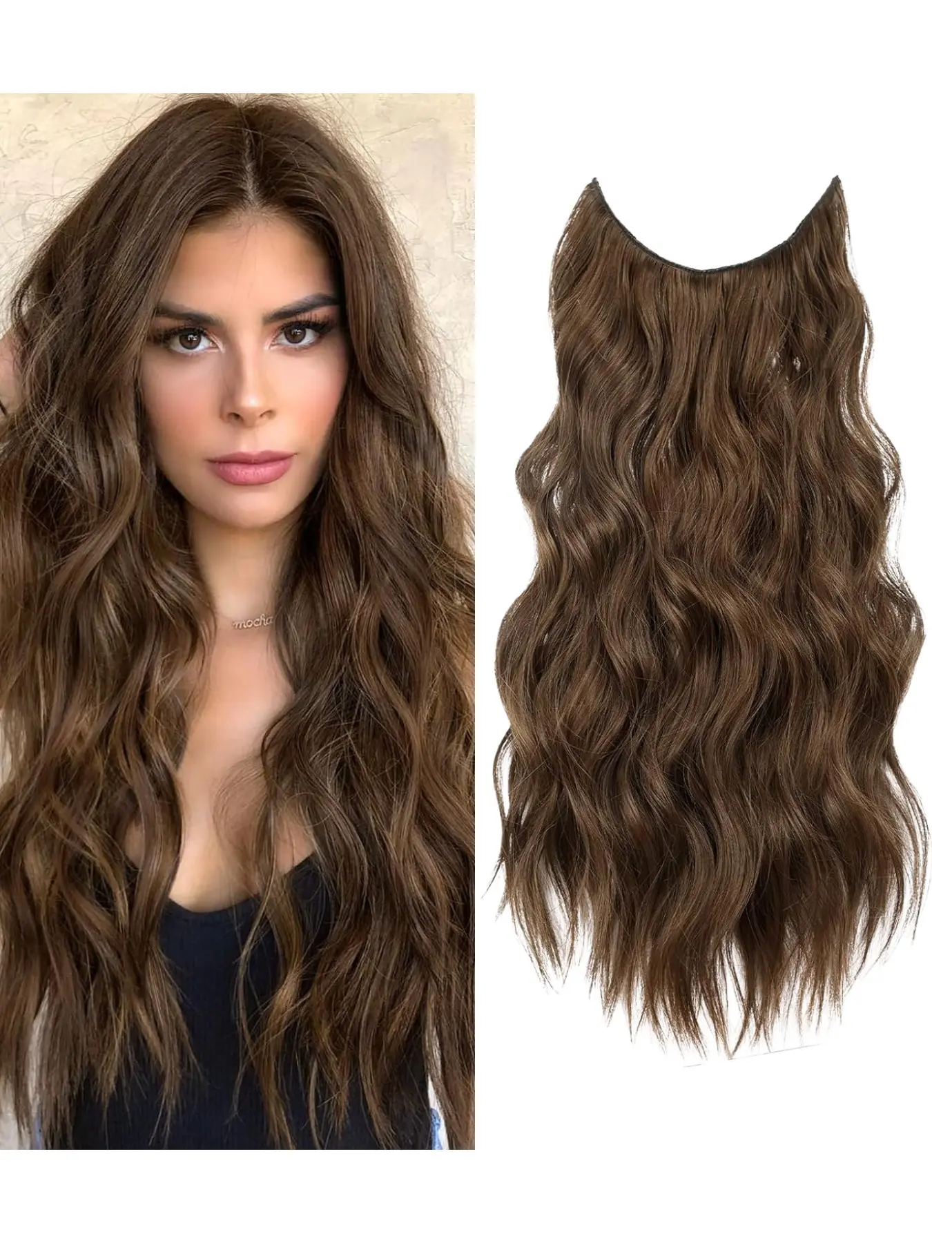 24-Inch Fishline Wig Piece with 4 Clips, Clip on Hairpieces, Synthetic Fiber Wavy Hair Extension, Adjustable Transparent Thread, Ideal for Daily Wear and Parties
