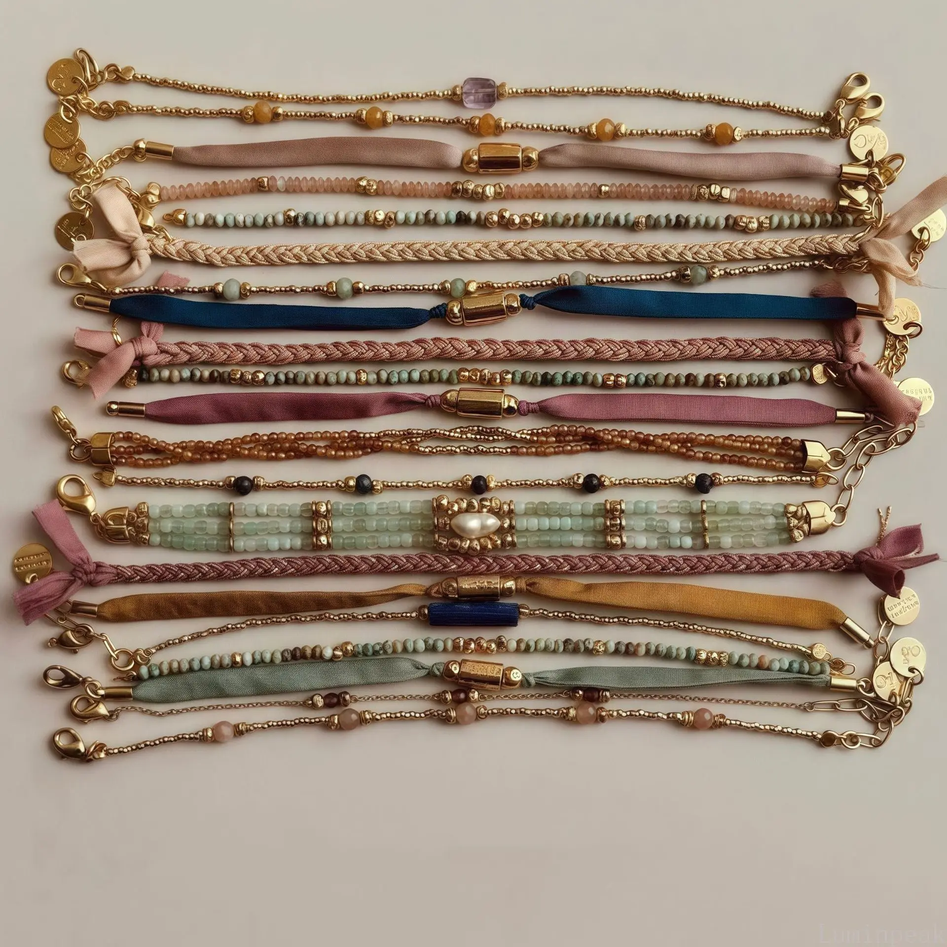 Vintage Multi-Material Stackable Bracelet Set, Mixed Ribbon, Bead And Metal Chain Combo, Unique Trendy Layered Wrist Jewelry For Daily Fashion Matching