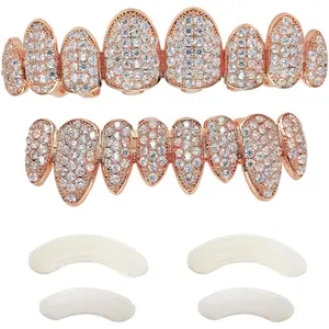 Gold Grillz Iced Out CZ Diamond Top & Bottom Set Grill 24K Gold Plated Macro Pave Teeth Grills - Extra Molding Bars Included + Storage Case + Microfiber Cloth