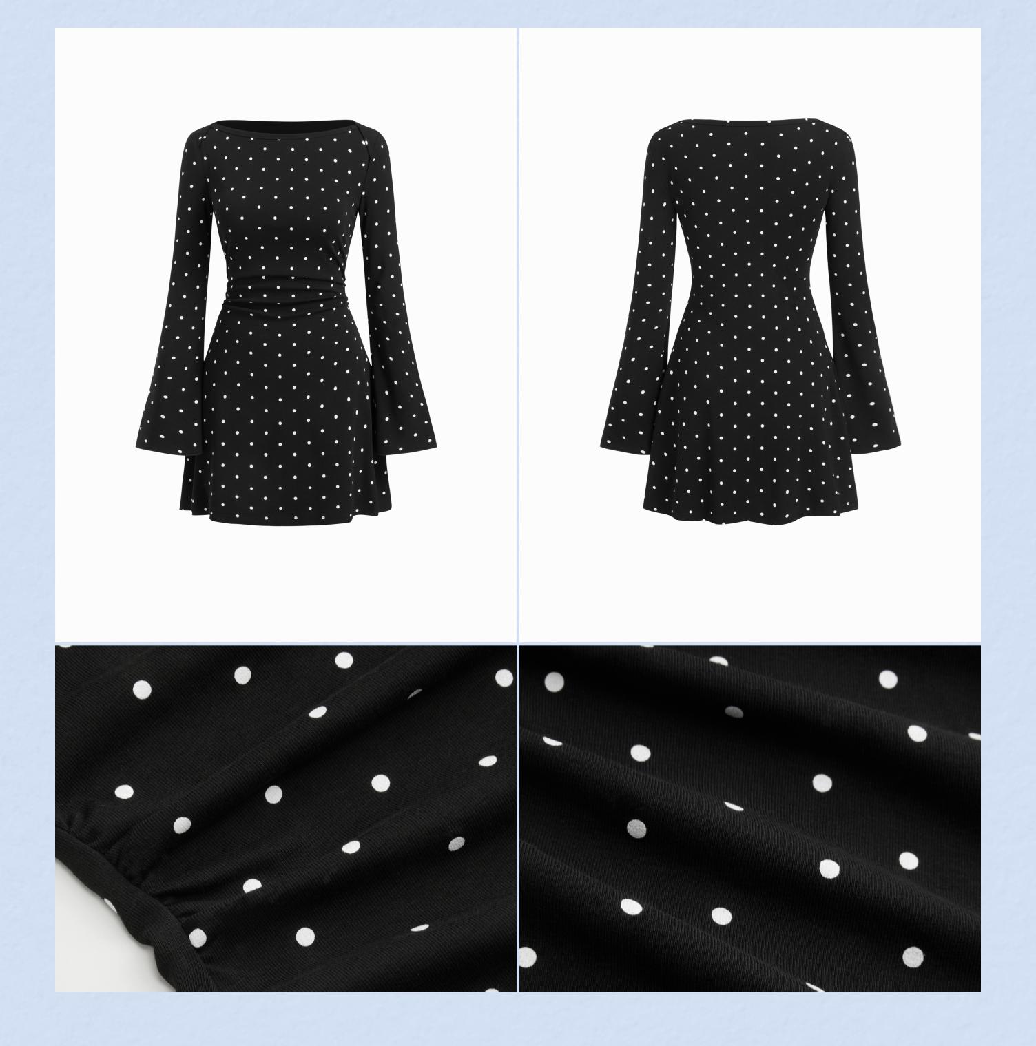 Cider Polka Dot Mini Dress – Flattering Ruched Bodycon Dress with Bell Sleeves， Hides Tummy & Arms， Soft Stretch Cotton for Date Night