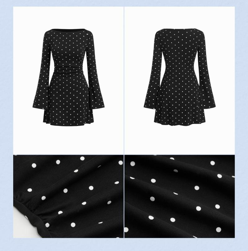 Cider 95% Cotton 5% Elastane Boat Neck Polka Dot Ruched Bell Sleeve Mini Dress