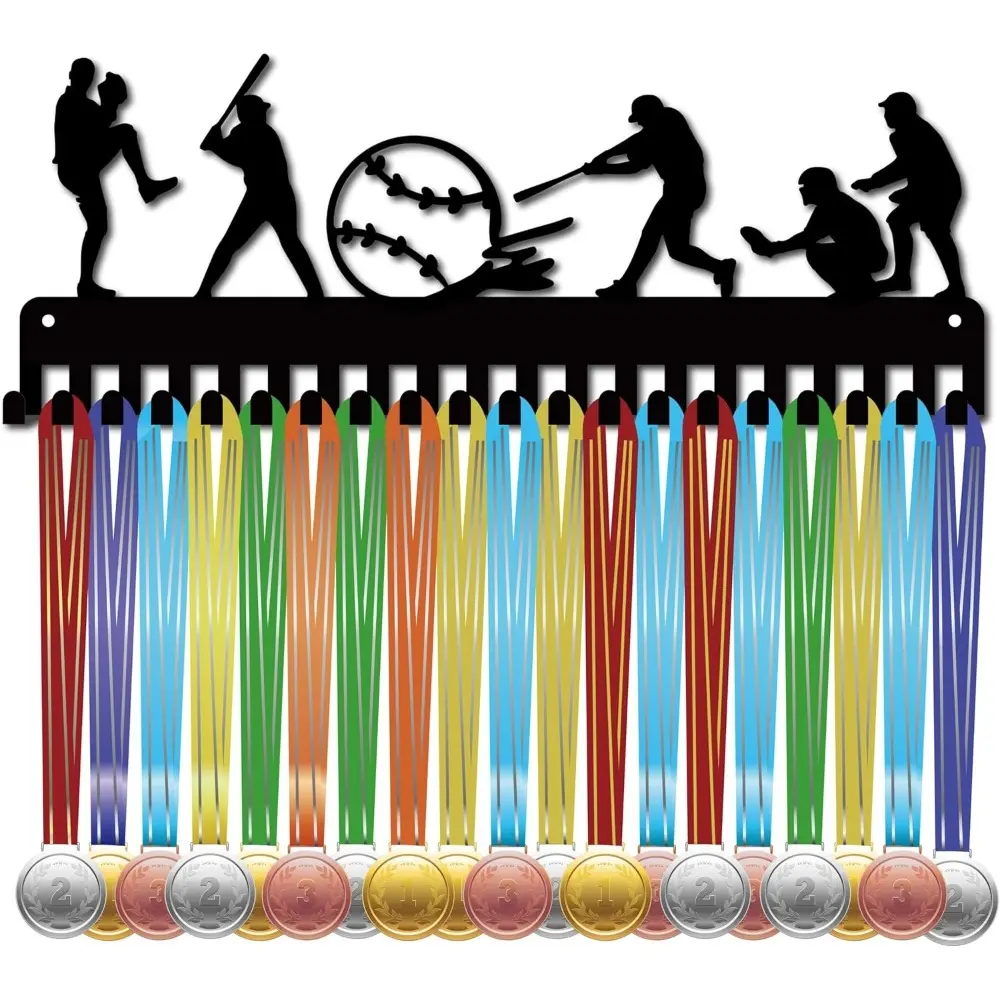 Baseball Medal Hanger Display Rack, 20 Hooks 15.7x5.9 Inch, Metal Wall Mount Ribbon Lanyard Organizer