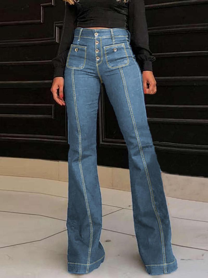 Women's Plain Flare Leg Jeans with Button & Pockets , Casual Bell Bottom Trousers for Daily Wear, Ladies Bottoms for All Seasons