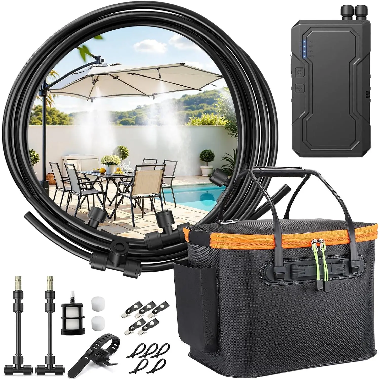 Portable Misting System for Outside Patio, Outdoor Water Cooling Mister with   Pump (Max 8Hrs), 20L Bucket, 26FT Hose, Patio Misters for Tailgating, Pasture, Camping, Canopy,