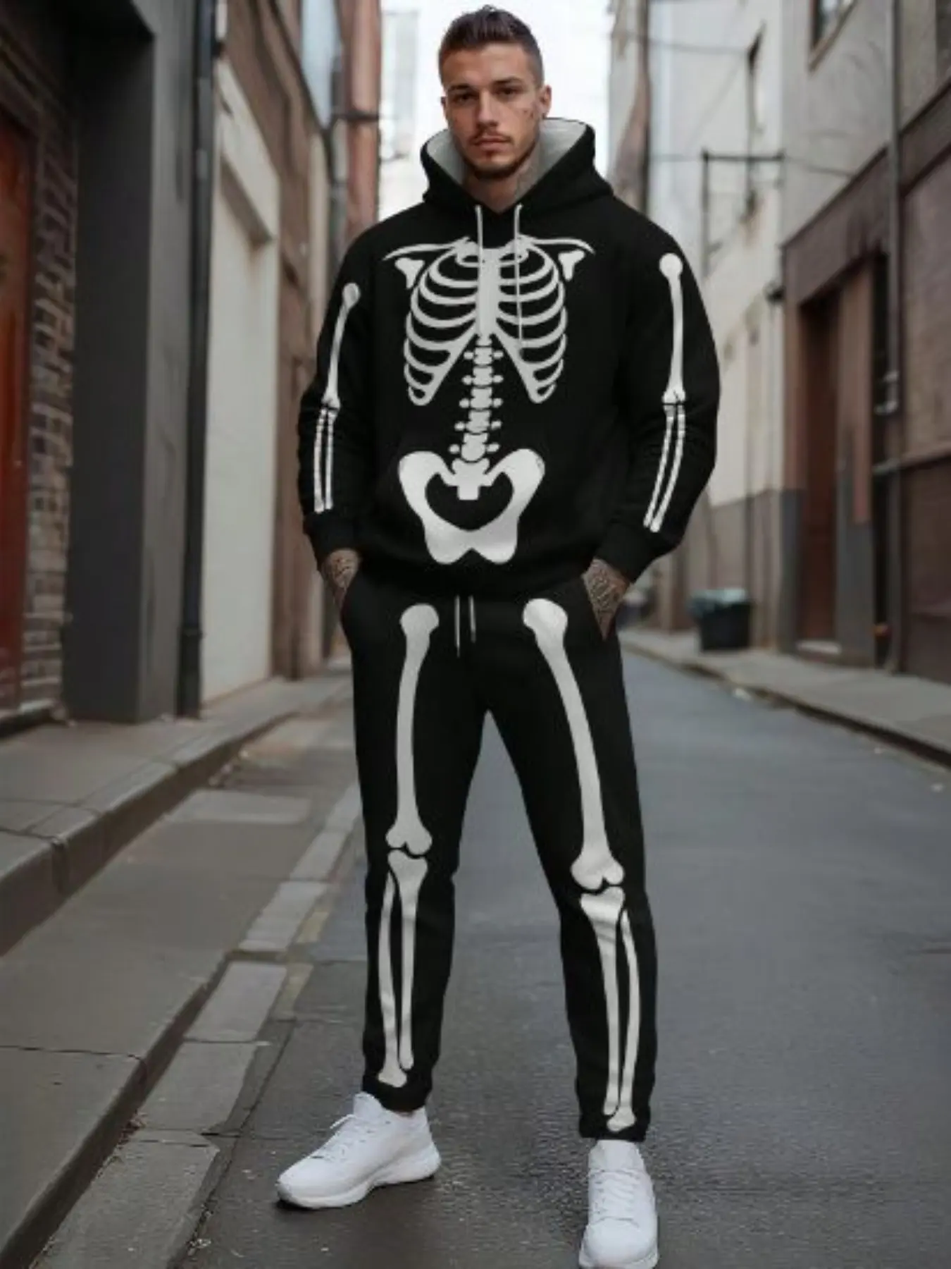 Men's Skeleton Print Hoodie and Pants Set, Menswear, Perfect for Halloween, Festive, Casual Streetwear, High-Quality Ensemble